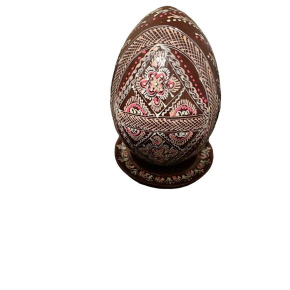 Set Of 4 Wooden Pysanky Collector Egg Colorful Geometric Design With Each Stand - Picture 3 of 15